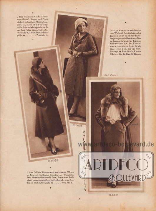 Links: Wintermantel aus Velours de laine und Waschbärbesatz. Weit übereinander tretender Schnitt der mittels eines Stoffgürtels zusammengehalten wird.
Mitte: Kleid aus Phantasie-Tweed mit einfarbiger Materialgarnierung. Interessante Schnitteffekte gehen am Rock in tiefe Falten über.
Rechts: Kostüm aus tabakfarbenem Wollstoff mit Stepperei. Fuchspelz garniert den Kragen. Eine helle Bluse Crêpe de Chine tritt hervor.
Fotos: Joel Feder.