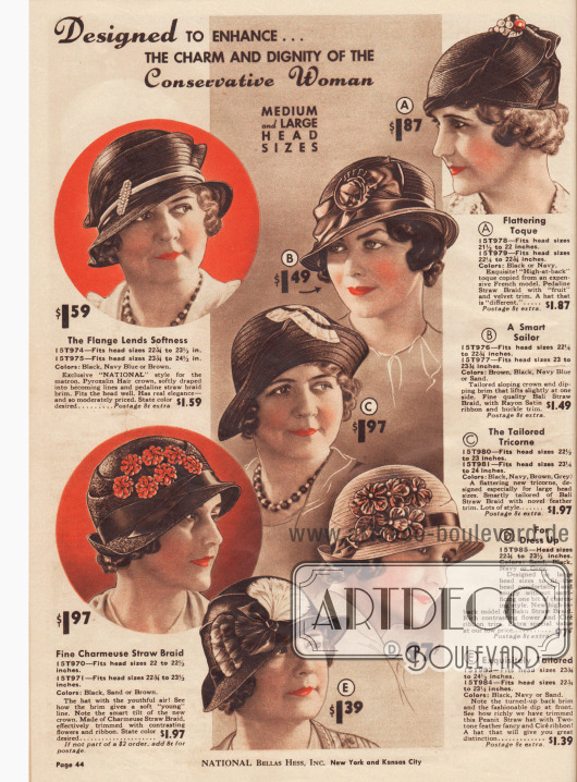 Hüte um „Charme und Würde der konservativen Frau“ anzureichern. Der Stil der Hüte entspricht der Mode von 1931/32 und ist nicht nur für die konservative sondern auch für die ältere Dame gedacht.