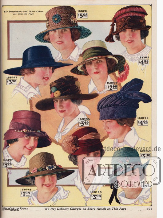 Kolorierte Fotografien. Sommerhüte aus Seiden-Strohgeflecht, japanischem Glanzstroh, Georgette Krepp, „Caperpillar Straw Braid“ (?), Toquillastroh (engl. „Toyo Panama“) und anderen Strohsorten für Damen.
Unter den Hüten befinden sich fünf breitkrempige Modelle, zwei Turbane und ein Modell in Schutenform. Die Damenhüte sind mit Faille Seide gefüttert oder mit blumenähnlichen Rosetten, breiten sowie schmalen Ripsbändern und Schleifen, Seidenschärpen, Seidenfransen-Quasten, Seidenschnur-Quasten, Drapierungen aus Faille Seide, künstlichen Früchten aus Krepp, Dahlienkränzen mit Blätterlaub, Pompons aus Straußenfedern oder auch Samtbändern aufgeputzt.