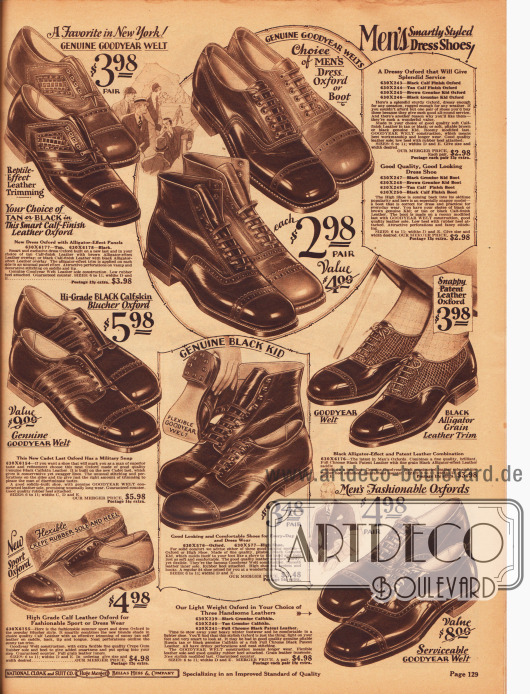Elegante Anzugschuhe, Halbschuhe (Oxfords) und Stiefeletten aus Lackleder, Kalbsleder und alligatorartig genarbtem Leder für Männer. Die präsentierten Schuhe sind Halfbrogue Modelle, bei denen vorrangig der Rand der Vorderkappe (auch Querkappe) mit ornamentalen Lochverzierungen (Perforationen) versehen ist.
Unten links wird ein zweifarbiger Sport Oxford, der auch als kleidsamer Anzugschuh verwendbar ist, angeboten. Die Sohle dieses Modells besteht aus weichem Gummi.