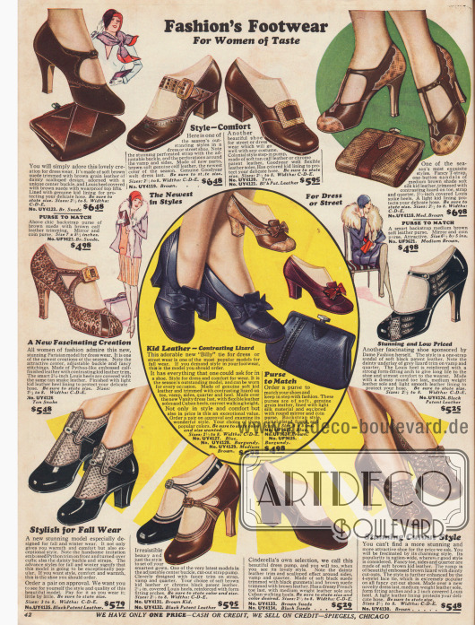 Damenschuhe ohne oder mit Schnalle; ein Paar mit T-Schnalle. Ein Schuh im Kolonialstil (dritter von oben). Verschiedene Kalbs- und Ziegenleder sowie Lackleder fanden Verwendung. Bei vier Modellen wurde das Leder so verarbeitet, dass es Pythonleder (Schlangenleder) oder Eidechsenleder gleicht. Zu drei Paaren werden auch passende Handtaschen angeboten. Ausstanzungen, Schleifen, niedrige kubanische und neuerdings besonders hohe Stiftabsätze sind modern.