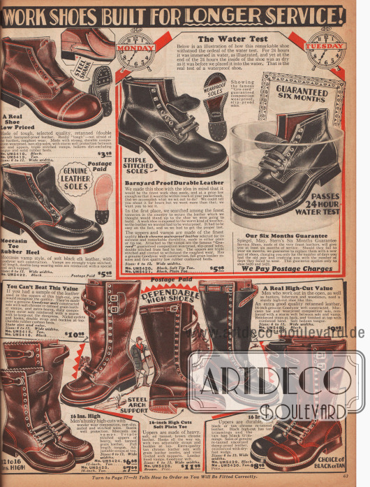 Arbeitsschuhe und Stiefel für Männer, die intensive und harte Belastungen und längere Beanspruchungen aushalten. Verstärkte Nähte und wasserdichte Verarbeitung sollen eine Haltbarkeit von wenigstens sechs Monaten garantiert gewährleisten.