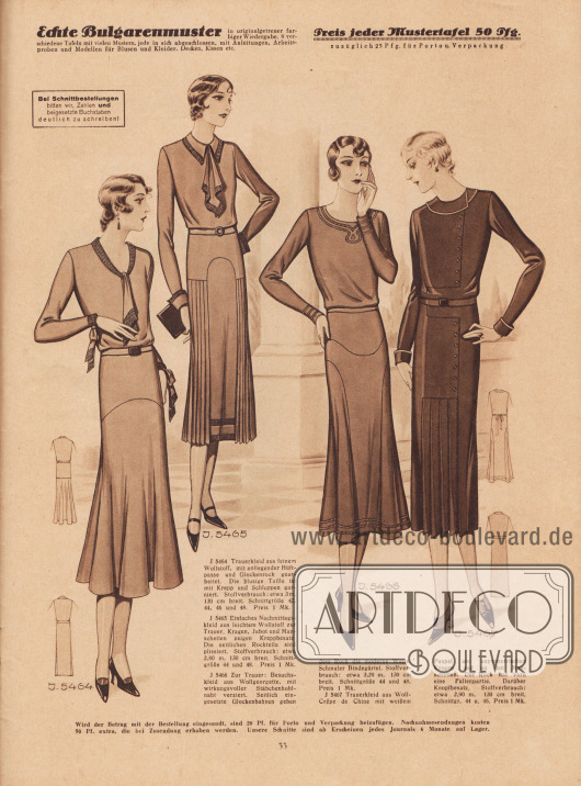 Trauerkleider aus Wollstoff, Wollgeorgette und Woll-Crêpe de Chine mit Schluppen (1. Kleid), Stäbchenhohlnahtverzierungen und Glockenteilen (3. Kleid) und Faltenpartien (4. Kleid).
Das 2. Kleid ist ein Nachmittagskleid aus leichtem Wollstoff mit kreppbesetztem Kragen, Jabot und Manschetten. Die seitlichen Rockteile sind plissiert.