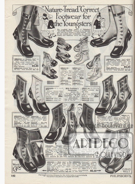 „‚Natürliches-Laufprofil‘ richtiges Schuhwerk für die Kleinsten“ (engl. „‚Nature-Tread‘ Correct Footwear for the Youngsters“).
Weiche Erstschuhe bzw. Babyschuhe für Kleinkinder bis 2 Jahre sowie Schuhe mit seitlichen Verschlussknöpfen für Mädchen und Jungen bis maximal 8 Jahre.
Die Schuhe sind aus Lackleder oder Chevreauleder (Ziegenleder), wobei viele Modelle mit zwei unterschiedlich farbigen Ledersorten kombiniert wurden. Alternativ wurden die Schäfte auch aus Stoff (bspw. Kanevas) hergestellt. Die Baby- und Kleinkindschuhe (oben Mitte) wurden aus Lammleder oder Lackleder gefertigt und mit besonders weichen Sohlen für die noch zarten Füße ausgestattet.