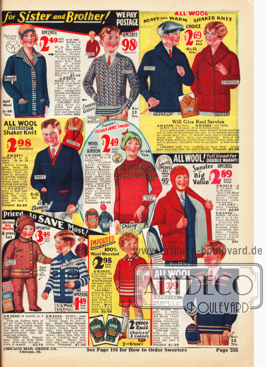 Strickjacken (Cardigans) und Pullover aus Wolle, Baumwolle oder Rayon für Jungen und Mädchen im Alter von 2 bis 14 Jahre. Unten links befinden sich ein Schneeanzug für Kleinkinder aus gekämmter Wolle und ein Strickanzug aus Wolle für 2 bis 6-jährige Jungen mit kurzer Hose.