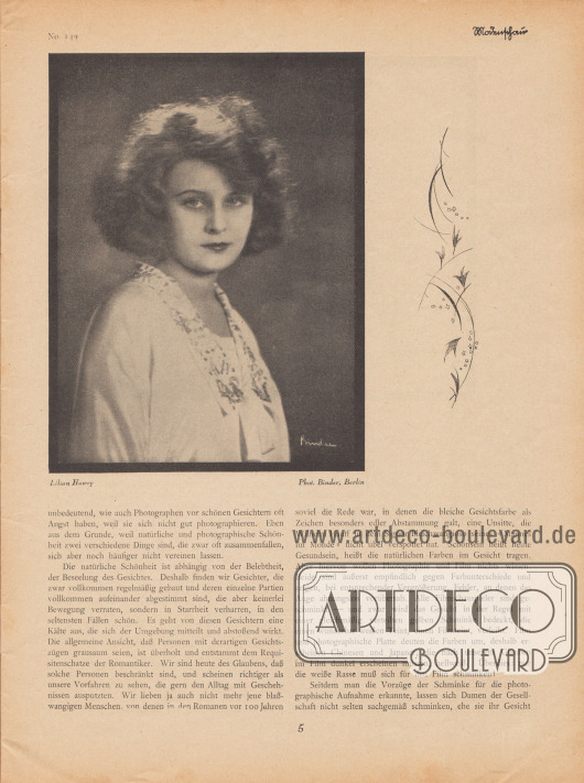 Artikel:
Ulitzsch, Ernst, Moderne Frauenschönheit.
Mit einer Fotografie der britisch-deutschen Filmschauspielerin Lilian Harvey (1906-1968).
Foto: Atelier Binder, Berlin.