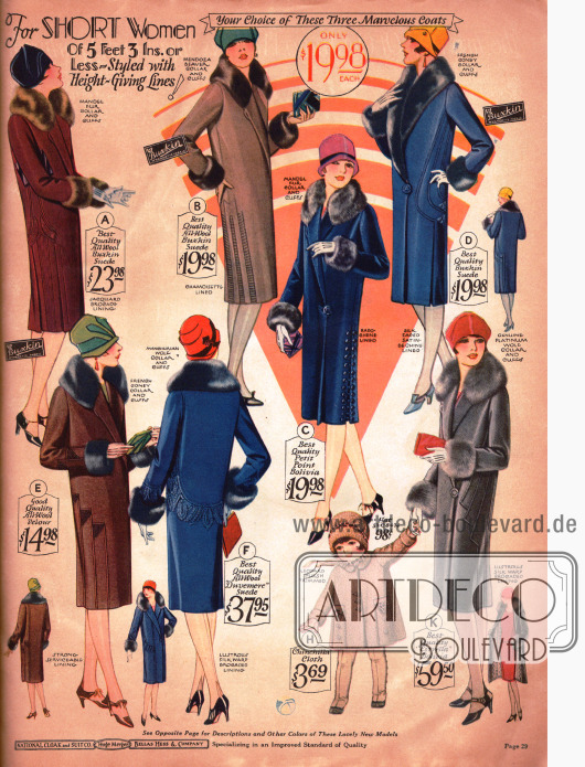 Moderat bepreiste Damenmäntel speziell für Frau, die kleiner ist als 5 Feet und 3 Inch (1,60m). Wollstoffe in Lederoptik sind in der Wintermode 1927/28 hoch im Kurs. Die Mäntel sind z.B. aus „All-Wool Buxkin Suede“ und „All-Wool Duvemere Suede“.