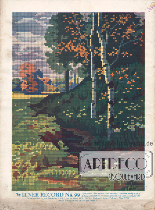 Beschreibung der Modelle auf der letzten Umschlagseite.
Die Rückseite dieses Heftes bringt als Stückvorlage eine Landschaft, die, in Kreuz- oder Gobelinstich ausgeführt, verschiedenste Verwendung finden kann. Auf Müllergaze gestickt, eignet sich das Muster für Brieftaschen, Schreibtischmappen, Bucheinbände, Alben usw. Auf größeren, zählbaren Stoffen, wie z. B. Cordova, ergibt es ein dekoratives Wandbild. Bei richtiger Farbenauswahl des Stickfadens wird die Landschaft eine wertvolle Handarbeit darstellen.
Impressum der Illustrierten Wiener Record Mode.