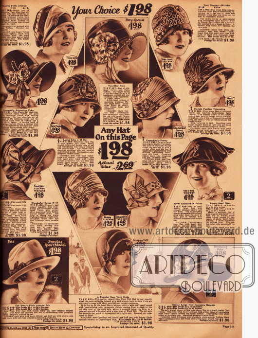 „Jeder Hut auf dieser Seite für 1,98 $“.
Auf dieser Seite finden sich 4 Modelle im Poke Bonnet Stil, ein Knockabout Hut (unten links), ein Turban (Mitte rechts) und mehrere Glockenhüte aus Filz.