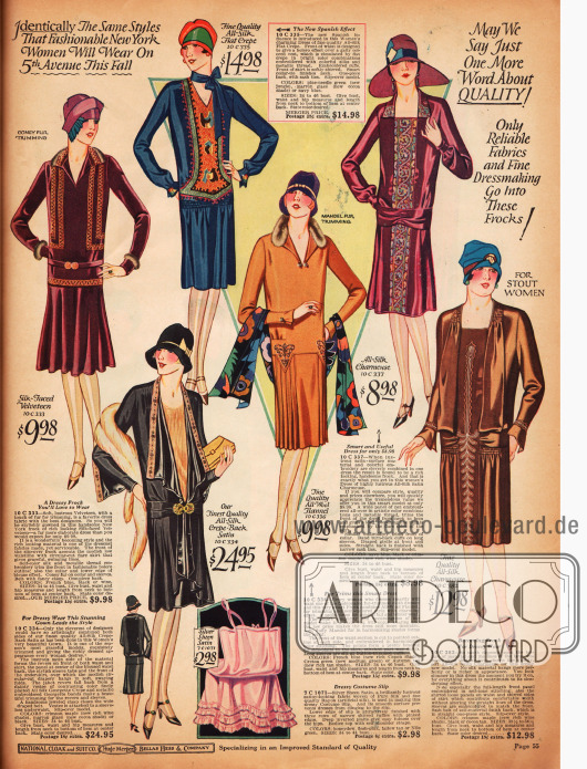 Doppelseite mit Damenkleidern in verschiedensten Aufmachungen. Die verwendeten Stoffe sind Woll-Flanel, Seiden-Krepp, Seiden-Charmeuse, Chiffon-Samt, Wollstoff und Seiden-Samt.
Viele Kleider zeigen blusenartige Aufmachungen mit großflächigen Westeneinsätzen oder interessante Kragenarten und Drapierungen.