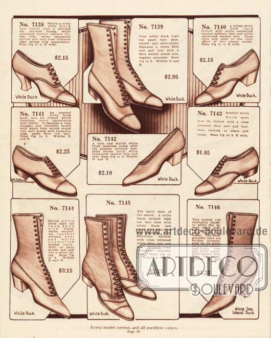 Sommerliche Damenschuhe (Pumps, Oxfords und Stiefeletten) für die Straße aus Kanevas mit niedrigen Absätzen, Militärabsätzen und einem Louis XIV Absatz.