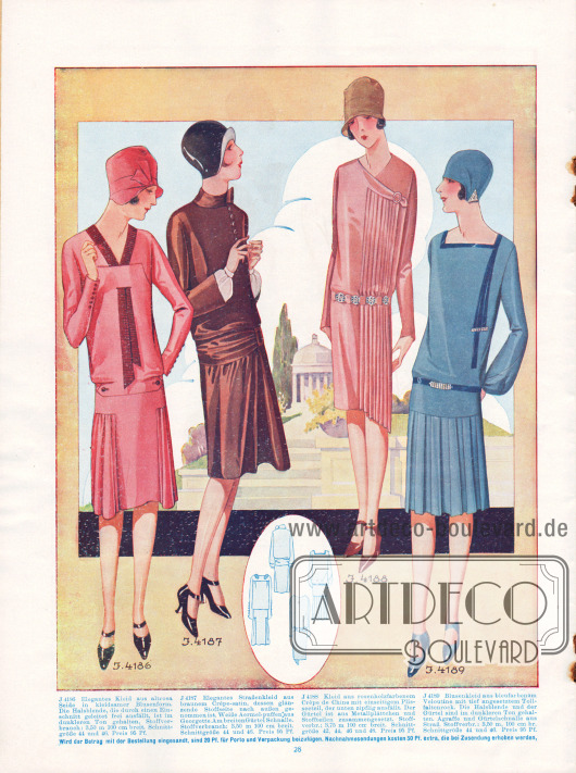4186: Elegantes Kleid aus altrosa Seide in kleidsamer Blusenform. Die Halsblende, die durch einen Einschnitt geleitet frei ausfällt, ist im dunklen Ton gehalten.
4187: Straßenkleid aus braunem Crêpe Satin, dessen glänzende Stoffseite nach außen genommen ist. Weiße Ärmelpuffe aus Georgette. Am breiten Gürtel Schnalle.
4188: Kleid aus rosenholzfarbenem Crêpe de Chine mit einseitigem Plisseeteil, der unten zipfelig ausfällt. Der Gürtel ist aus Metallplättchen und Stoffteilen zusammengesetzt.
4189: Blusenkleid aus bleufarbenem Veloutine mit tief angesetztem Tollfaltenrock. Die Halsblende und der Gürtel sind im dunklen Ton gehalten. Agraffe und Gürtelschnalle aus Strass.