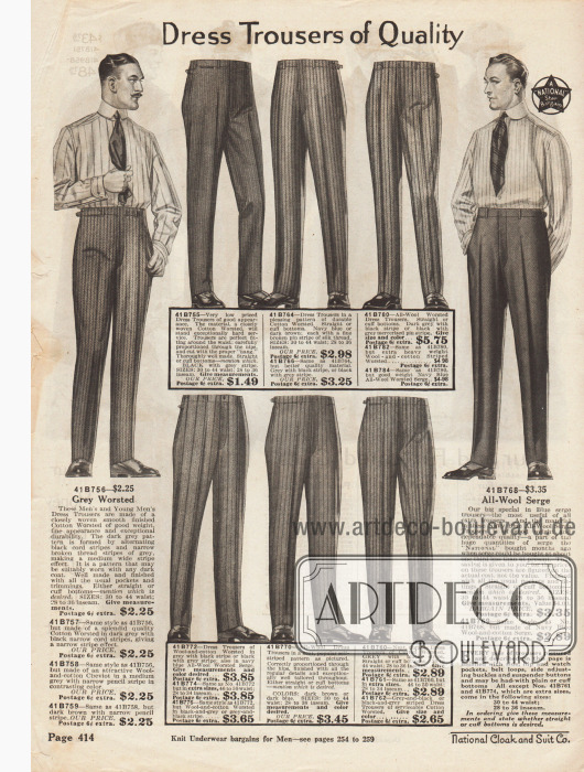 „Anzughosen in bester Qualität“ (engl. „Dress Trousers of Quality“).
Der Schnitt der Anzughosen zeigt den 1917 aktuellen hohen Hosenbund, die breiten und vollen Hüften sowie die schlanken engen Beine. Auf Hosenaufschläge wird verzichtet. Die Anzughosen sind aus gekämmter Baumwolle, Baumwoll-Woll-Gewebe und Woll-Serge hergestellt.