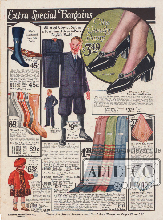 Seite mit Sonderschnäppchen wie Socken aus Seide für Männer, Damenstrümpfe aus Rayon und Seide, ein Anzug mit kurzen oder langen Hosenbeinen für Jungen aus Woll-Cheviot, Damenschuhe aus Lackleder, einem Mäntelchen für kleine Mädchen mit passender Mütze aus Chinchilla, Taschentücher und Woll-Flanell zum Nähen von Kleidern.