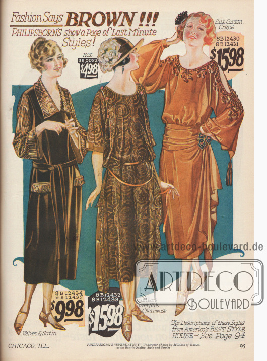 Feine Damenkleider aus Samt-Satin, Seiden-Charmeuse mit einem Oberstoff aus Seidenspitze und einem Kleid aus Seiden-Krepp. Die „langgezogene Taille“ (die lose Taillierung) ist die neue Mode der Saison 1922-23. Braun ist die Modefarbe des Herbstes.