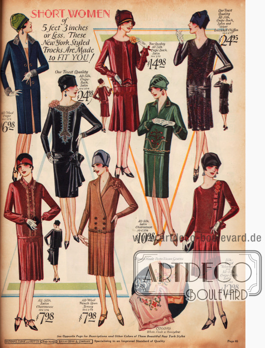 Kleider speziell für die Dame die kleiner als 5 Feet und 3 Inch (1,60m) ist.
Die Stoffe sind Woll-Krepp, Seiden-Satin-Charmeuse, Seiden-Krepp, Woll-Jersey und Samt-Chiffon.
Links oben befindet sich ein Mantelkleid für 6,98 $.