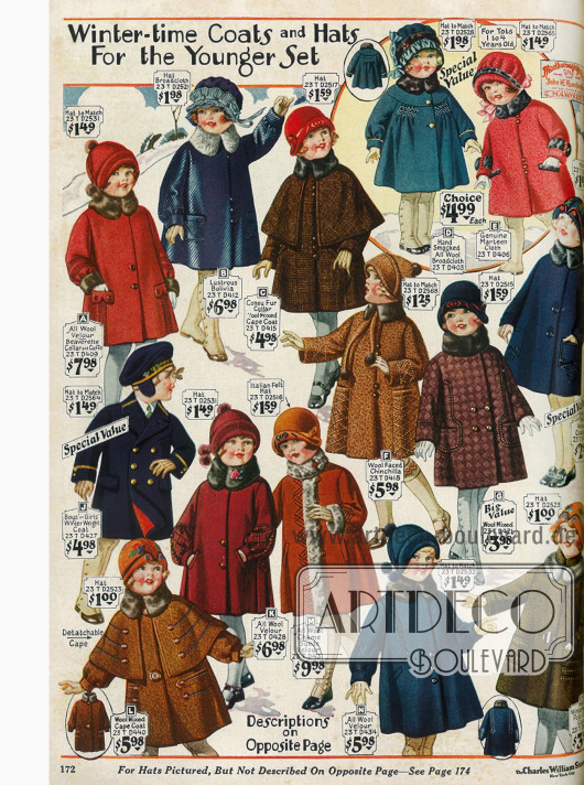 Wintermäntelchen für kleine Mädchen mit passenden Hütchen aus Wollmixstoffen, Woll-Velours und Breitgewebe.
Ein blauer Marinemantel für Jungen und Mädchen ist auch dabei.