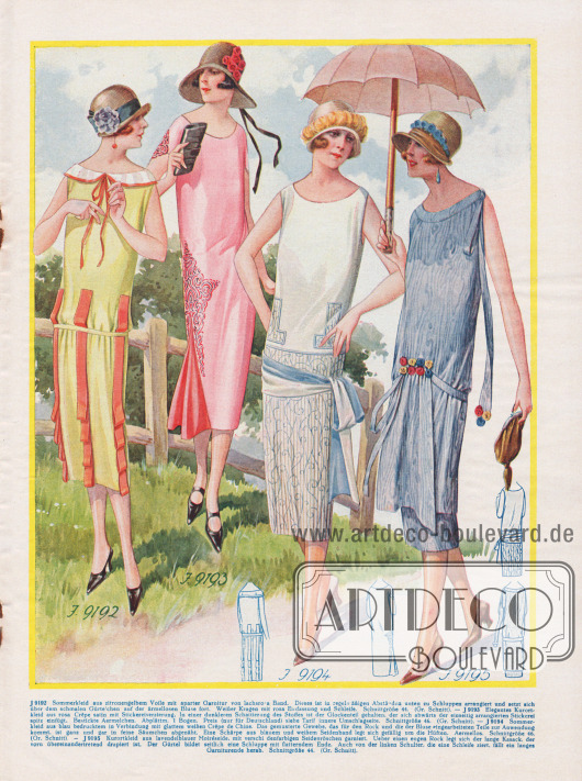 9192: Sommerkleid aus zitronengelbem Voile mit aparter Garnitur von lachsrosa Band. Dieses ist in regelmäßigen Abständen unten zu Schluppen arrangiert und setzt sich über dem schmalen Gürtelchen auf der ärmellosen Bluse fort. Weißer Kragen mit rosa Einfassung und Schleife.
9193: Elegantes Kurortkleid aus rosa Crêpe Satin mit Stickereiverzierung. In einer dunkleren Schattierung des Stoffes ist der Glockenteil gehalten, der sich abwärts der einseitig arrangierten Stickerei spitz einfügt. Bestickte Ärmelchen.
9194: Sommerkleid aus blau bedrucktem in Verbindung mit glattem weißen Crêpe de Chine. Das gemusterte Gewebe, das für den Rock und die der Bluse eingearbeiteten Teile zur Anwendung kommt, ist ganz und gar in feine Säumchen abgenäht. Eine Schärpe aus blauem und weißem Seidenband legt sich gefällig um die Hüften. Ärmellos.
9195: Kurortkleid aus lavendelblauer Moiréseide, mit verschiedenfarbigen Seidenröschen garniert. Über einen engen Rock legt sich der lange Kasack, der vorn übereinandertretend drapiert ist. Der Gürtel bildet seitlich eine Schluppe mit flatterndem Ende. Auch von der linken Schulter, die eine Schleife ziert, fällt ein langes Garniturende herab.
