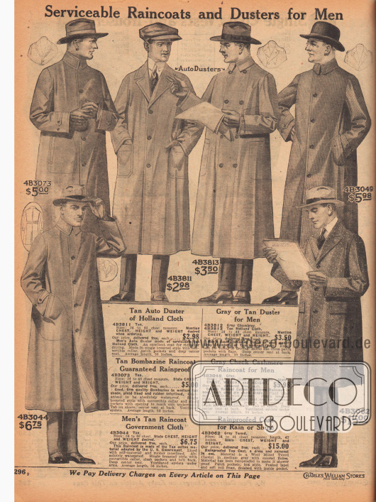 „Zweckdienliche Regen- und Staubmäntel für Männer“ (engl. „Serviceable Raincoats and Dusters for Men“).
Einreihige, gürtellose Regenmäntel aus Bombasin, gummiertem Zwischenfutter und kariertem Zweitfutterstoff, imprägniertem Baumwollgewebe und Gummifutter, kleinkariertem und imprägniertem Baumwoll-Kaschmir sowie wasserdichtem Woll-Tweed-Cheviot-Mischgewebe.
Oben mittig sind ein einreihiger und ein zweireihiger Staubmantel für Automobilfahrten oder Ausritte aus „Holland Cloth“ (?) oder grauem Chambray. Alle Mäntel haben einen konvertierbaren Kragen; sind also offen oder geschlossen tragbar.