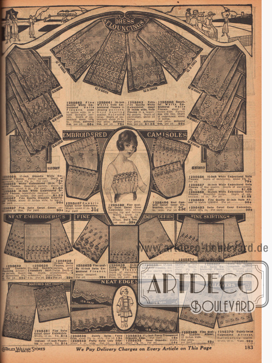 Feinste, reich bestickte und ornamentale Netzgewebe aus Voile (Schleierstoff), Organdy und Chambray in verschiedenen Breiten zum eigenen Herstellen von eleganten Sommerkleidern und Tageskleidern, Camisols und Korsettcovern (Damenuntertaillen), Unterwäsche und von Mädchenkleidern.
Die Preise verstehen sich pro Yard (91,44 cm).