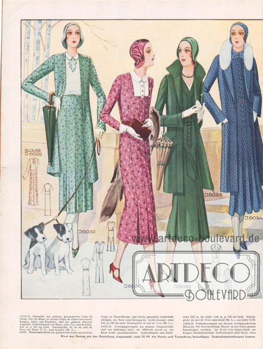 6029/30: Ensemble aus grünem, gemustertem Crêpe de Chine. Für die Bluse ist weißer Crêpe de Chine verwendet. Kragen, Jabot und Bündchen sind mit grünem Material eingefaßt.
6031: Promenadenkleid aus gemusterter Seide mit weißem Crêpe de Chine-Einsatz und hierzu passenden Ärmelaufschlägen. Am Rock vorn Faltenpartie.
6032/33: Übergangscomplet aus grünem Diagonalwollstoff mit halblanger Jacke, die effektvoll geteilt ist. Am Kleid weiße Ausschnittblende.
6034/35: Frühjahrscomplet aus blauem, weißgepunktetem Marocain. Der dreiviertellange Mantel ist mit einem grauen Kaninkragen versehen. Am Kleid vorn Knopfschluß, am Kragen Durchsteckschluß.
