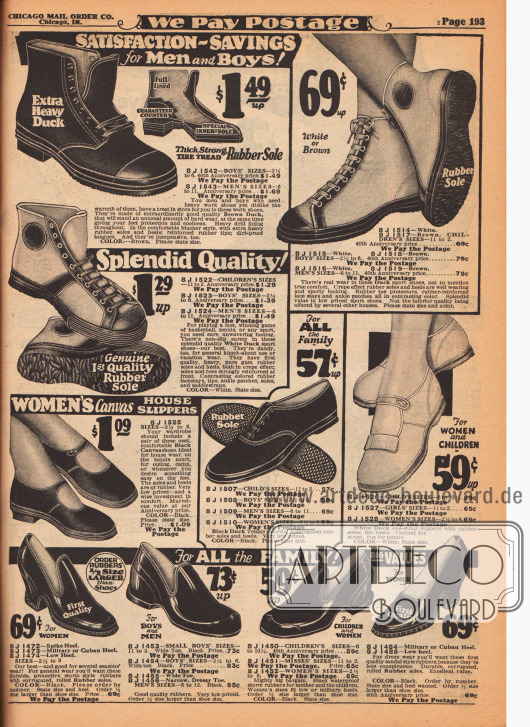 Sportschuhe und Galoschen für die ganze Familie.
Die Sportschuhe oben sind aus schwarzem oder weißem Kanevas und mit leichten, bequemen Gummisohlen versehen.
Die Gummigaloschen (Überschuhe) unten sind für regnerisches Sturmwetter gedacht und werden über den empfindlichen Lederschuhen getragen.