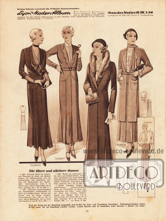 Ein elegantes Kleid, ein Nachmittagskleid, ein Mantel und ein Kostüm für die ältere Frau ab 50 Jahre.
4800: Elegantes Kleid aus schwarzem Flamenga. Die Faltengruppen des Hüftpassenrockes sind oben abgesteppt.
4801: Nachmittagskleid aus mittelfarbigem Wollgeorgette. Revers und Ärmel sind mit Bögen versehen.
4802: Mantel aus schwarzem Tuch mit effektvollen Schnittteilungen im Taillenbereich.
4803/04: Ensemble: Kostüm aus mittelfarbigem Diagonal-Wollstoff, Bluse aus Waschseide; an dieser Garniturblenden und Jabot.