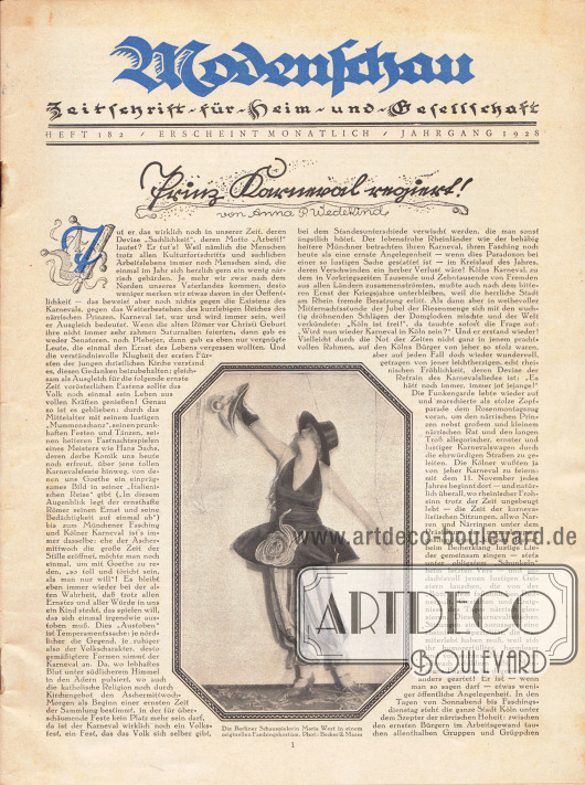 Titelblatt mit einem Foto der Berliner Schauspielerin Maria West in einem originellen Faschingskostüm. Foto: Becker & Maass.
Artikel:
Wedekind, Anna P., Prinz Karneval regiert!
