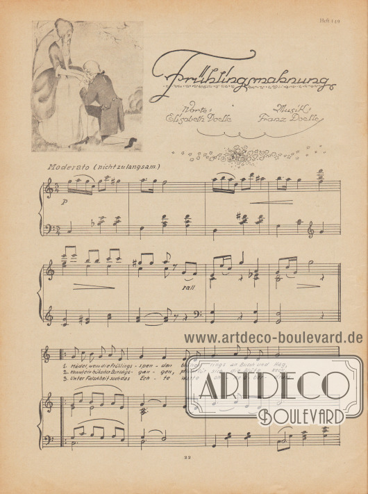 Musikbeilage der Modenschau mit dem Lied „Frühlingsmahnung“ und den dazugehörigen Noten vom Komponisten Franz Doelle (1883-1965) und den Liedzeilen von Elisabeth Doelle.