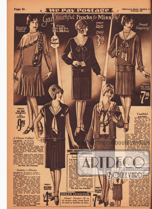 Vier Kleider für junge Damen aus Seiden-Georgette, Seiden-Satin, Rayon-Satin und Seiden Krepp sowie ein Ensemble aus Woll-Tweed.