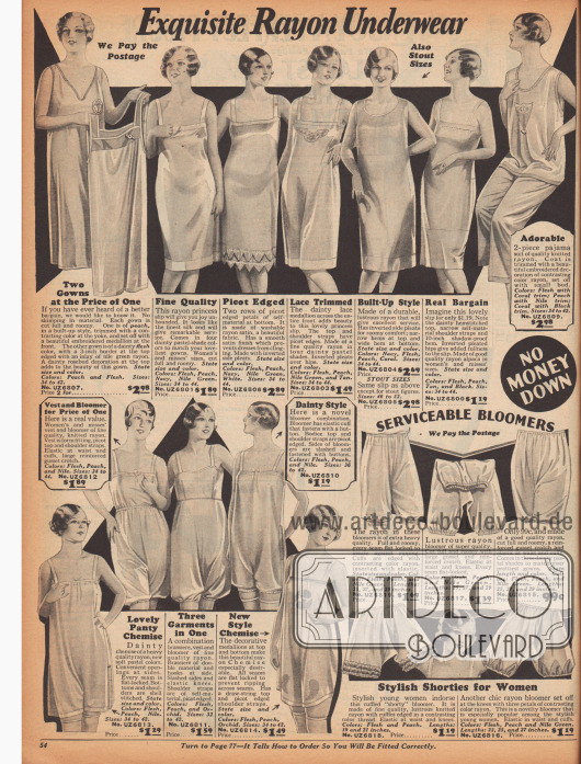 Doppelseite mit Unterwäsche vor allem aus seidig glänzendem Rayon für Frauen und Mädchen, wie knielange Unterröcke, Hemdchen, Pumphöschen, einteiligen Hemdhöschen Kombinationen und zweiteiligen Sets bestehend aus Hemdchen und Höschen. Zudem werden hier auch ein Pyjama und ein Nachthemd angeboten.