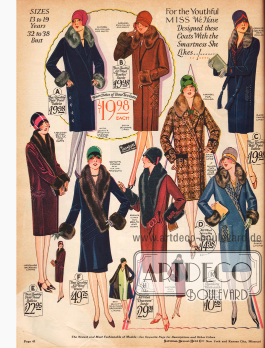 „Für das jugendliche Fräulein haben wir diese Mäntel gestaltet, mit der Eleganz die sie mag!“ lautet die Überschrift dieser Seite mit Damenmänteln.