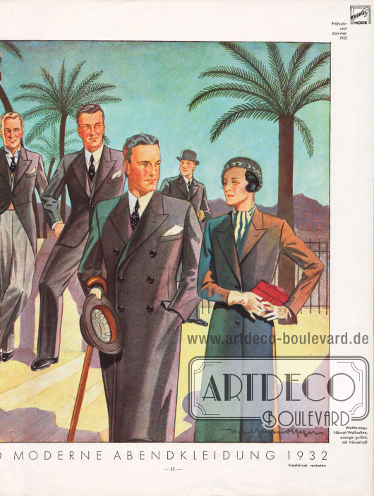 Elegante Besuchs- und Abendkleidung für den Herrn.
Schwarze Sakkos mit schwarzer oder grauer Hose sind obligatorisch. Beim Frack sowie einem Smoking fällt ein stehender Hemdkragen auf. Einreihige Sakkos werden auf einem Knopf geknöpft. Die Fasson der Sakkos (Revers) ist hochstehend.
Zeichnung: Harald Schwerdtfeger.