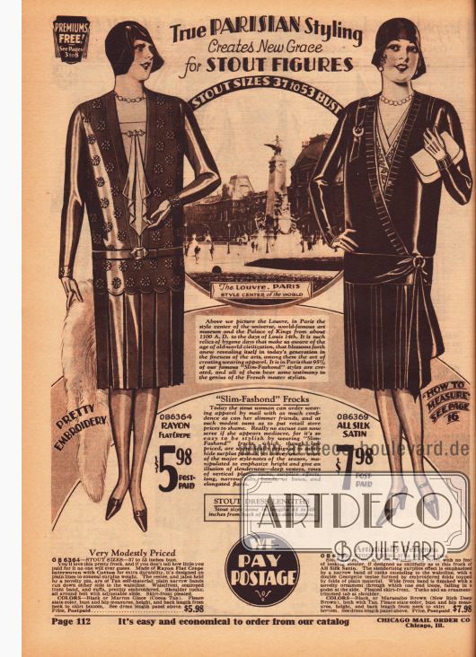 Zwei Kleider für vollschlanke Damen aus Rayon Krepp und Seiden-Satin.
Das erste Kleid zeigt einen Westeneinsatz mit Jabot. Das Oberteil ist außerdem regelmäßig und unaufdringlich bestickt. Das zweite Modell zeigt ebenfalls einen Westeneinsatz und eine seitliche Rockdrapierung ausgehend von der Hüfte. Die Röcke beider Kleider sind plissiert.