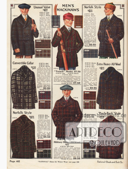 Doppelreihige Mackinaw Jacken (engl. „mackinaw jackets“) mit Gürtel und großen aufgesetzten Taschen sowie Brusttaschen aus karierten, dicken Wollgeweben mit einer geringen Beimischung von Baumwolle. Die Jacken zeigen Schalkragen oder eingeschlitzte Kragen. Zwei Modelle im Norfolk Stil oder im militärisch angehauchten Trench Coat Stil.