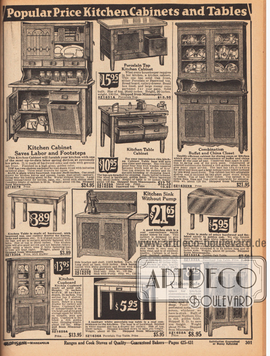 „Beliebte günstige Küchenschränke und Tische“ (engl. „Popular Price Kitchen Cabinets and Tables“).
Küchenschränke, Schränke für Porzellan und Geschirr, Tische für die Küche, hüfthohe Küchenschränke mit Arbeitsfläche aus Porzellan oder Holz sowie eine Holzspüle mit Pumpe.
Unten rechts wird ein Küchen-Sicherheitsschrank („Kitchen Safe“) mit perforierten Metalltüren offeriert.
