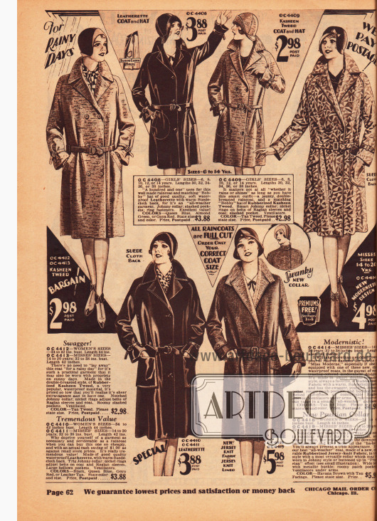 Regenmäntel für Frauen, junge Damen (Backfische) und Mädchen zwischen 6 und 14 Jahren. Die Regenmäntel sind hergestellt aus gummierten Stoffen wie Kasha-Tweed, Jersey sowie Leder. Oben rechts wird ein Modell mit modernistischer Musterung für junge Frauen präsentiert.