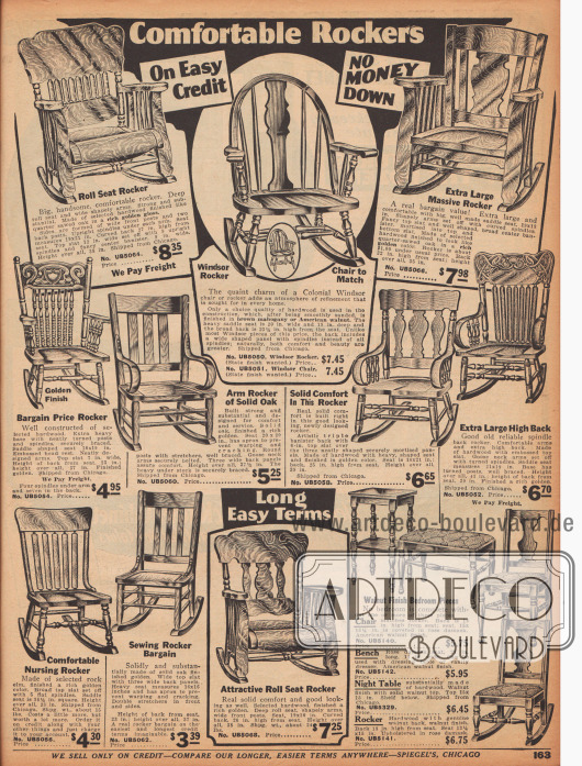„Bequeme Schaukelstühle“ (engl. „Comfortable Rockers“).
Schaukelstühle in schlichteren und opulenteren Kolonialstilen aus diversen Harthölzern, Mahagoni oder Amerikanischem Walnussholz bzw. Nussbaumholz. Die nicht-gepolsterten Modelle sind alle mit einer ausgefrästen Sitzfläche versehen.
Unten rechts eine Gruppe Kleinmöbel im gleichen Stil bestehend aus Beistelltisch, gepolstertem Hocker, Stuhl und Schaukelstuhl mit gedrechselten Stand- und Stuhlbeinen.