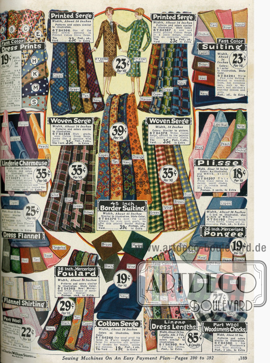 Verschiedene Stoffe wie Baumwolle, Serge, Charmeuse, Flanell, merzerisierter Foulard und Pongee, Leinen und Wolle.