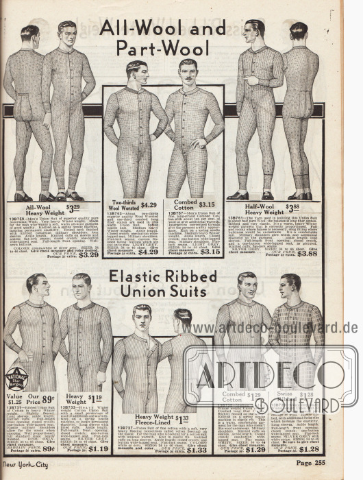 Hemdhosen (engl. „union suits“) aus gerippten Baumwoll-Woll-Mischgeweben mit langen Armen und Beinen. Alle Hemdhosen besitzen eine Gesäßöffnung sowie eine Knopfleiste in der Front. Im unteren Seitenbereich befinden sich Modelle aus elastischen Geweben sowie ein Modell im Schweizer Ripp (unten rechts).