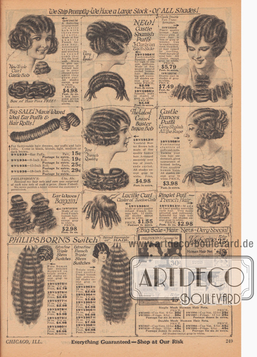 Doppelseite mit Haarteilen, Locken und Haarrollen in verschiedenen Längen, die in allen Haarfarben außer Grau und Weiß bestellbar sind. Links unten befinden sich schmuckvolle spanische Haarkämme und ein Haarfärbemittel, ein Pflegeshampoo für fettige Kopfhaut und ein Färbeset für Augenbrauen und Wimpern. Unten rechts werden Haarnetze aus menschlichem Haar angeboten.