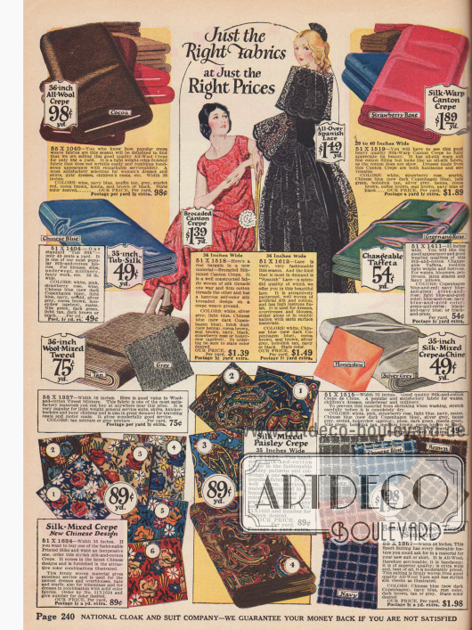 Kreppstoffe, Tweed, Spanische Spitze und Seide mit Floralen- und Paisleymusterungen.