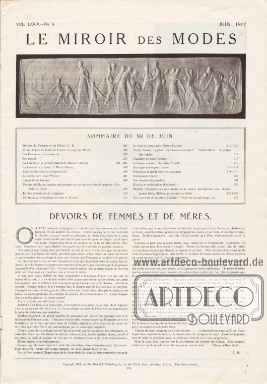 Inhaltsverzeichnis der Juni Ausgabe der Zeitschrift Le Miroir Des Modes von 1917.
Artikel:
B., G., Devoirs de Femmes et de Mères.