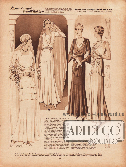 BK 73: Brautkleid aus Crêpe de Chine mit einfacher Bolerotaille. Leicht gerundete Volants sind dem Rock aufgearbeitet, den eine Hüftpasse ergänzt.
BK 35: Elegantes Brautkleid aus Marocain Krepp. Die Ärmel sind durch Spitzenstoff ergänzt, aus dem auch der Kragen mit links ausfallendem Garniturteil gefertigt ist. Rock mit eingearbeiteten Godets.
BK 66: Elegantes Gesellschaftskleid aus schwarzem Crêpe-Satin, für eine Brautmutter geeignet. An Taille und Rock eingesetzte Faltenteile. Einsatz und Ärmelblenden aus weißem Georgette.
BK 59: Lavendelblaues Crêpe de Chine-Kleid für eine Brautjungfer. Das Modell ist mit einem Glockenrock, einem glockigen Schoßvolant und einer vorn gebundenen Schleife verarbeitet.