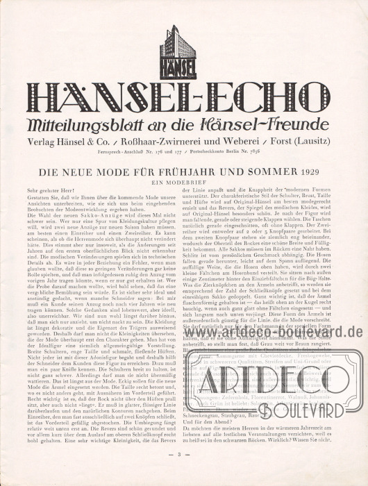 Artikel:
Henschke, Bruno, Die neue Mode für Frühjahr und Sommer 1929. Ein Modebrief.