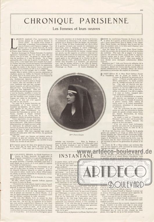 Artikel:
O. V., Les Femmes et leurs œuvres;
O. V., Instantané.
Mit einem Foto von Madame Pierre Goujon.
Foto: unbekannt.