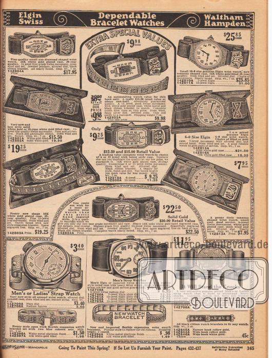 Armbanduhren für Damen (oben) und Herren (unten). Die Damenarmbanduhren sind feiner und zierlicher gearbeitet und besitzen schmalere Armbänder, die Armbanduhren für Herren sind grober und wuchtiger gehalten.
Einige der Modelle sind Uhren der Marke Elgin (Elgin National Watch Company, Produktion von 1864-1968 in den USA). Einzelne Ziffern und Zeiger der Uhren sind aus der Schweiz importiert. Die teureren Modelle sind aus Weißgold mit reich verzierten Gehäusen. Die Gehäuse der günstigeren Modelle sind aus versilbertem Nickel. Zudem werden auch Armreife für Frauen hier angeboten.
