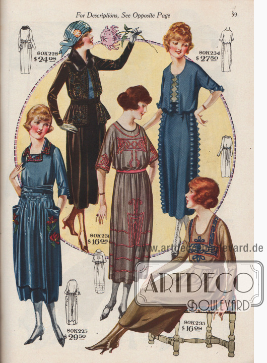 Kleider für junge Damen mit reichen Stickereien; einige Modelle auch mit tief angesetzter Taille und höherer Gürtellung.