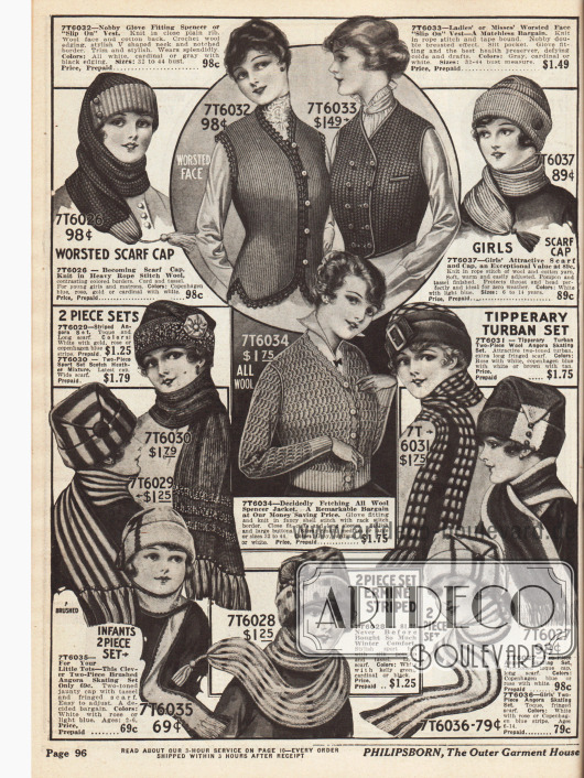 Strickmützen und Schals aus Angora-Wolle und normaler Wolle zu günstigen Preisen.
Eine ungewöhnliche Idee ist die einteilige Schalmütze für 98 ¢ oben links. Taillen- oder hüftlange Strickwesten (oben Mitte) sowie eine kurze „Spencer“ Strickjacke (Mitte) halten warm.
