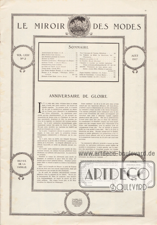 Inhaltsverzeichnis der August Ausgabe der Zeitschrift Le Miroir des Modes von 1917.
Artikel:
B., G., Anniversaire de Gloire.